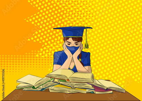 Female student preparing for exams with a lot of books, wearing graduation cap and mask. College University or High School Graduation. Comic book style vector illustration.