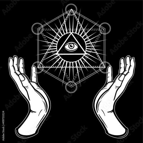 Human hands hold the shining triangle, a providence eye. Sacred geometry, mystical symbol. Vector illustration isolated on a black background.