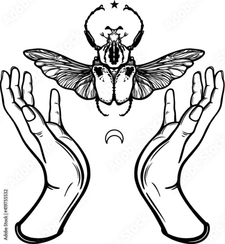 Human hands hold Goliath's bug. Symbols of the moon. Mysticism, esoterics, sorcery. Coloring book. Vector illustration isolated on a white background.