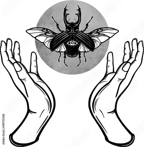 Human hands hold a fantastic bug. Symbols of the moon. Mysticism, esoteric, sorcery. Vector illustration isolated on a white background.