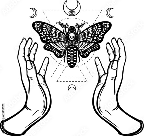 Human hands hold a moth the Dead Head. Symbols of the moon. Mysticism, esoteric, sorcery. Sacred geometry. Coloring book. Vector illustration isolated on a white background.