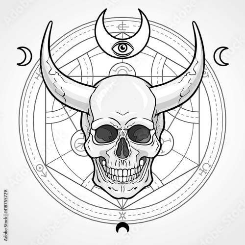 Fantastic horned human skull. Demon, fairy tale character. Mystical circle. Esoteric symbol. Monochrome drawing isolated on a grey background. Vector illustration. Print, posters, t-shirt, textiles.