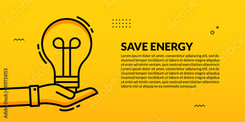  Hand hold light bulb plant on yellow background, Eco energy saving social media cover banner template