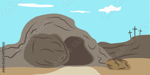 Cartoon illustration with easter cave on light background. Holiday vector background. Stock image. EPS 10.