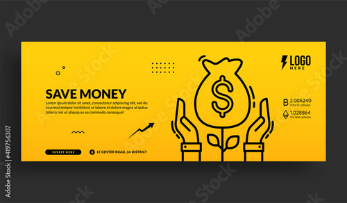 Business investment social media cover banner template, Hand hold money bag plant background, Saving money concept