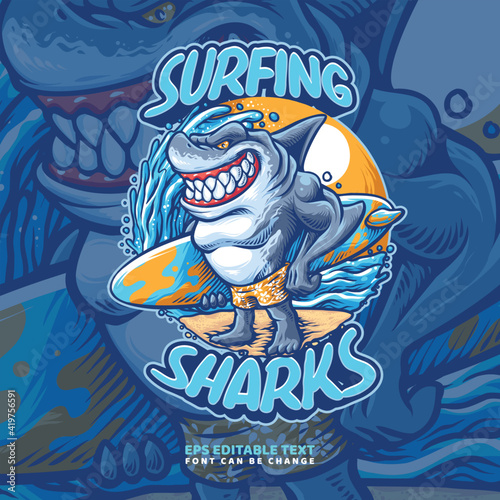 Surfing Shark Illustration Logo Template