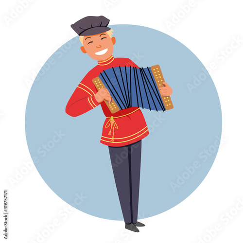 A cute boy in national clothes plays an accordion on a musical instrument. Maslenitsa holiday. Vector illustration on a white isolated background.
