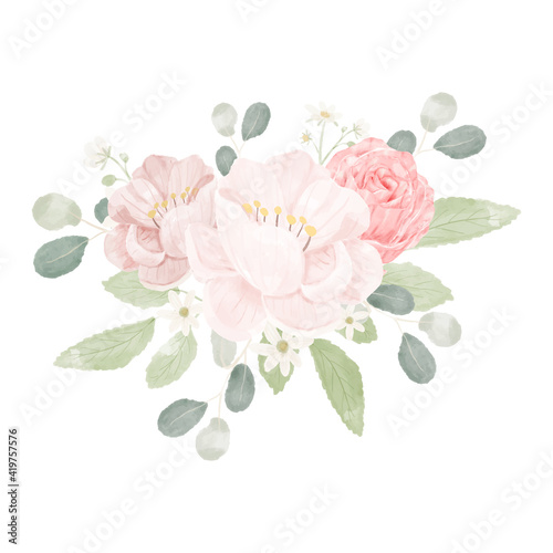 pink pastel watercolor rose and peony flower bouquet arrangement