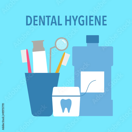 Dental hygiene items- toothbrush, toothpaste, floss, mouthwash and dental mirror in flat design. Teeth care concept. Oral healthcare.