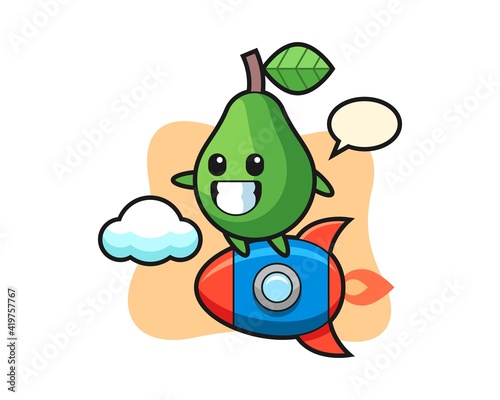 Avocado mascot character riding a rocket