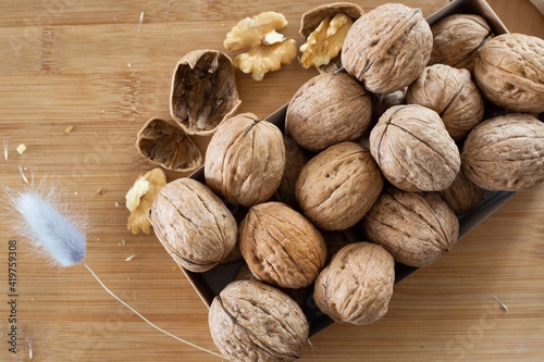 walnuts on a wooden table close up