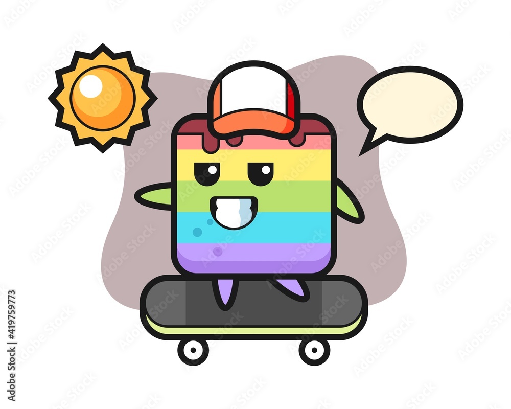 Rainbow cake character illustration ride a skateboard