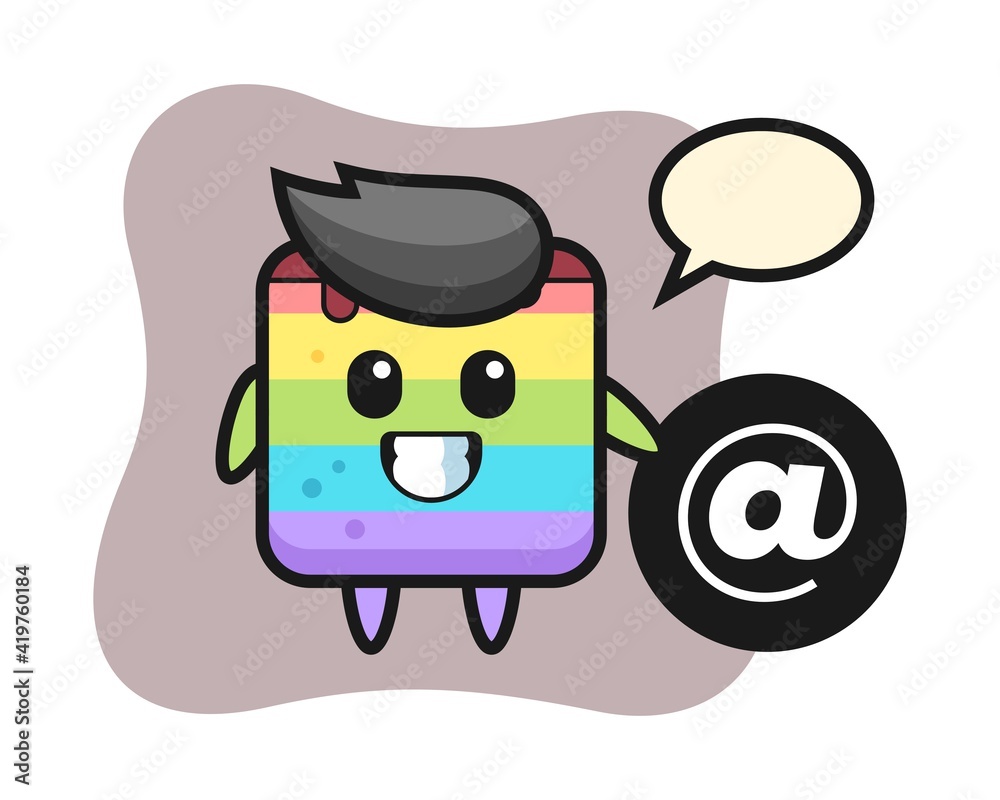 Cartoon illustration of rainbow cake standing beside the At symbol Cartoon illustration of rainbow cake standing beside the At symbol