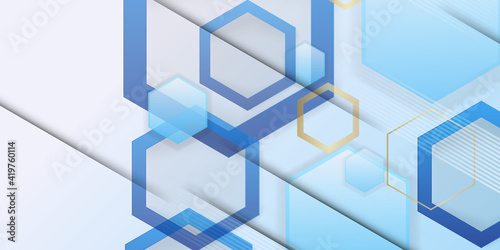 Abstract blue gold futuristic hexagon - Molecules technology with polygonal shapes on dark blue background. Illustration Vector design digital technology concept. 