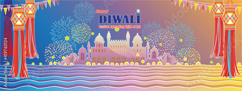 Happy diwali festival banner. Greeting card for light festival of India. Indian hindu style building. Burning diya. Festival fireworks banner for diwali. Celebrates the magnificent and holy diwali.
