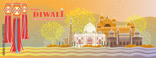 Happy diwali festival banner. Greeting card for light festival of India. Indian hindu style building. Burning diya. Festival fireworks banner for diwali. Celebrates the magnificent and holy diwali.