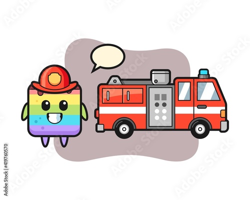 Mascot character of rainbow cake as a firefighter