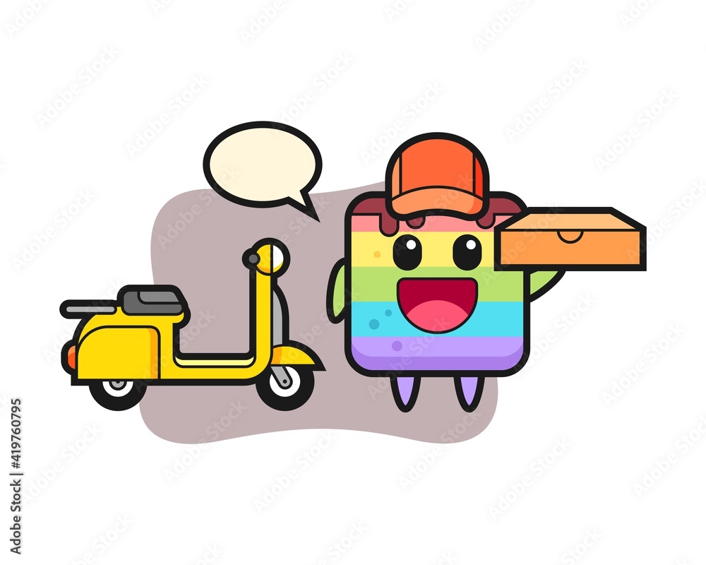 Fototapeta premium Character illustration of rainbow cake as a pizza deliveryman