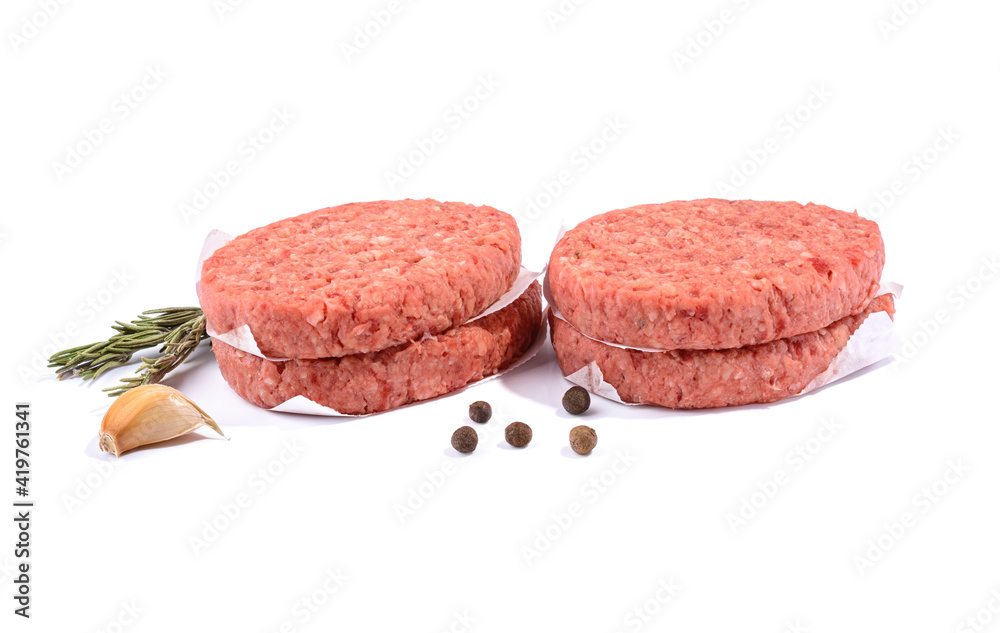 Raw beef patties for making a burger.Isolated on a white background.Selective Focus.