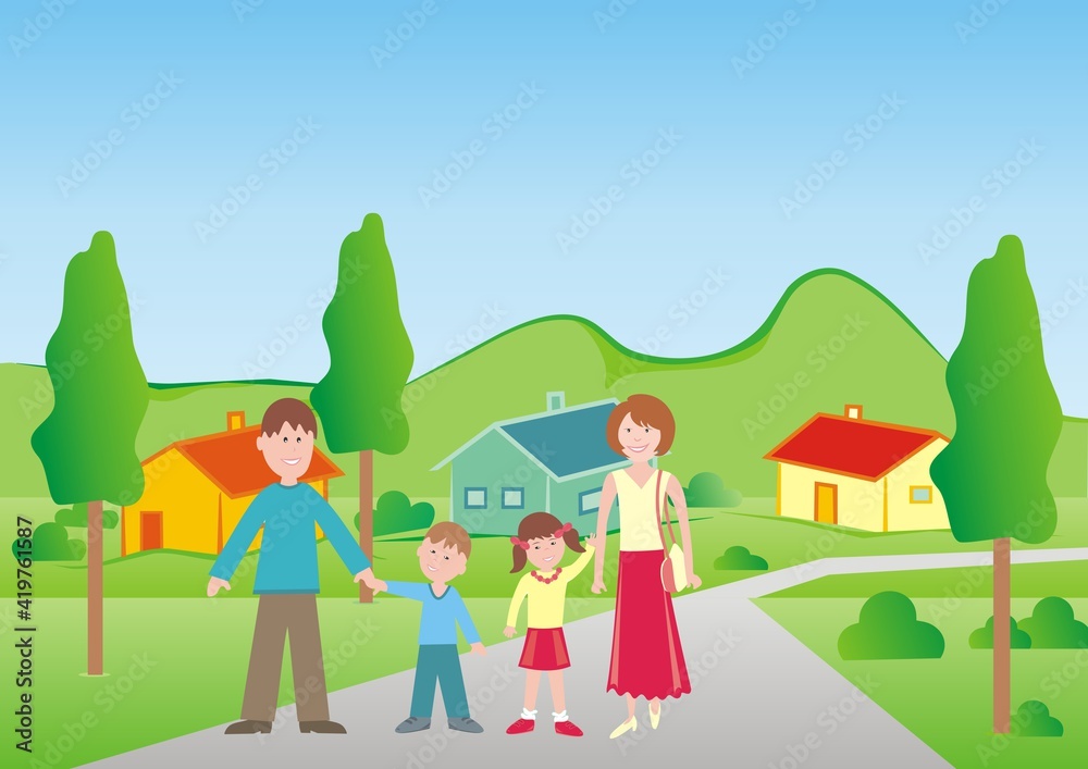 The family from the village goes for a walk in nature.Vector illustration.