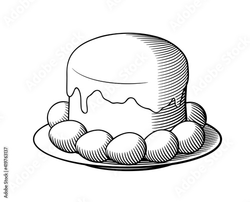 Traditional eastern European Easter cake kulich in a plate with dyed eggs. Black and white retro style vector illustration