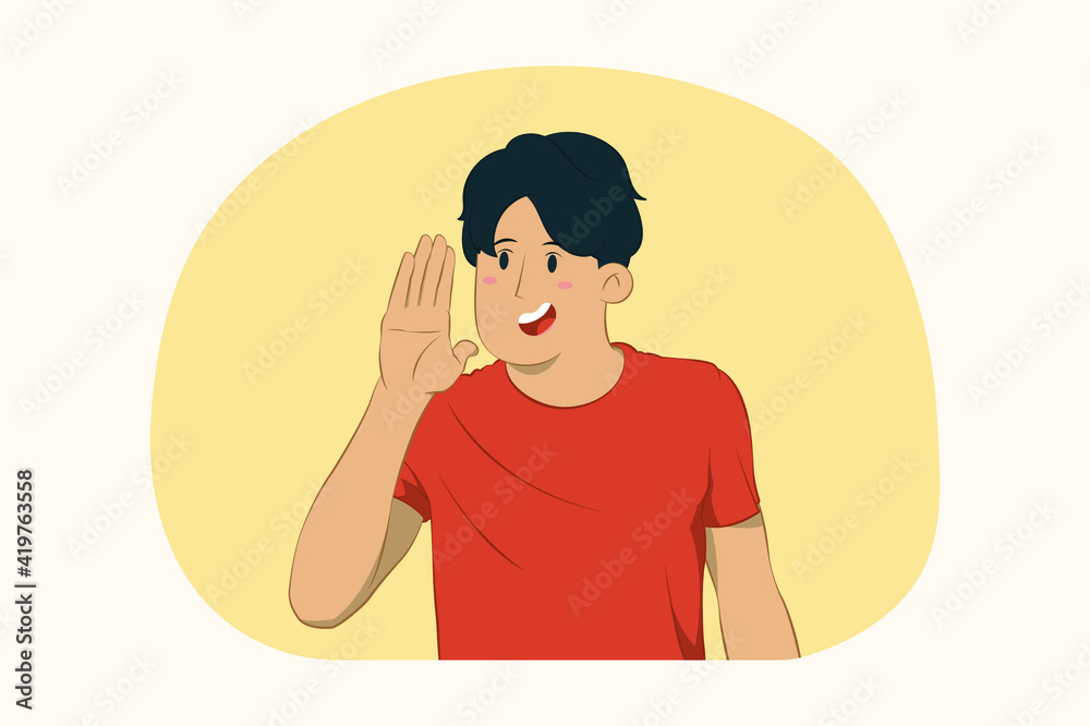 Young cheerful man screaming with hand gesture concept Young cheerful man screaming with hand gesture concept