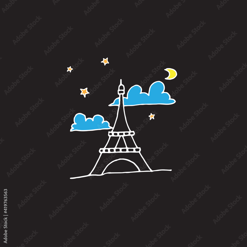 eiffel tower with blue clouds, yellow stars and moonlight. historical building. eiffel tower icon on night background. hand draw vector. romantic place. doodle for wallpaper, card, cover, clipart. eiffel tower with blue clouds, yellow stars and moonlight. historical building. eiffel tower icon on night background. hand draw vector. romantic place. doodle for wallpaper, card, cover, clipart.