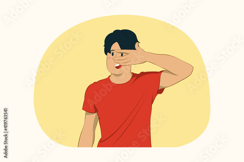 Young man covering eyes with hand hiding concept