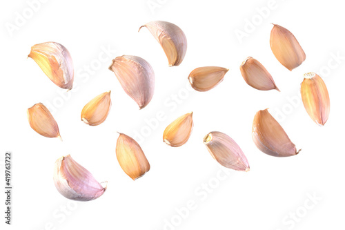 garlic cloves isolated on a white background, top view, macro shot