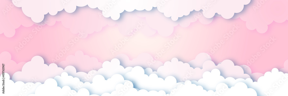 Abstract 3d white cloud detail in pink sky paper cut vector illustration background with copy space