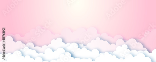 Abstract 3d white cloud detail in pink sky paper cut vector illustration background with copy space