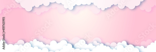 Abstract 3d white cloud detail in pink sky paper cut vector illustration background with copy space