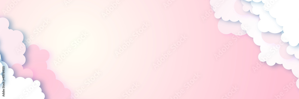 Abstract 3d white cloud detail in pink sky paper cut vector illustration background with copy space