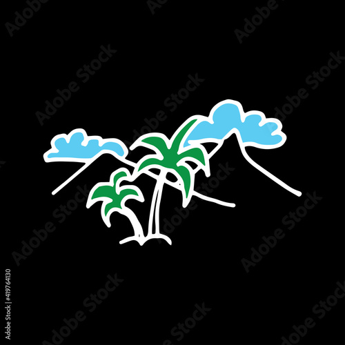 silhoutte of nature background. coconut tree with mountain and cloud isolated on black background. beautiful nature scenery. hand drawn vector. doodle art for wallpaper, logo, symbol, advert, clipart.
