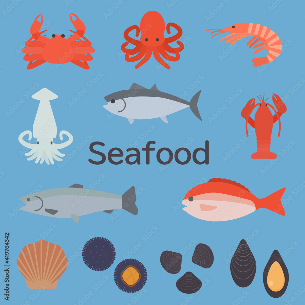 シンプルでかわいいシーフードのイラストセット フラット Stock Vector Adobe Stock