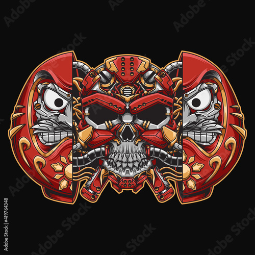 Japanese Daruma skull mecha Illustration perfect for t-shirt design, merchandise, poster, sticker, etc