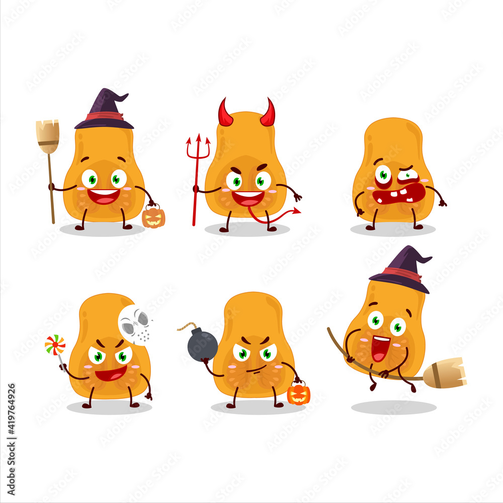 Halloween expression emoticons with cartoon character of slice of butternut squash Halloween expression emoticons with cartoon character of slice of butternut squash
