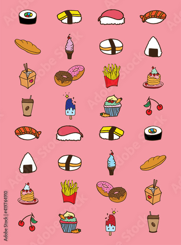 set of food and beverage on pink background. set of sushi, pancake, donut, croissant, fries, noodle, cupcake, ice cream, coffee and cherry. hand drawn vector. doodle for clipart, logo, label, advert. 