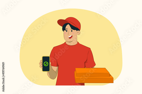 Delivery young man giving food order pizza boxes concept