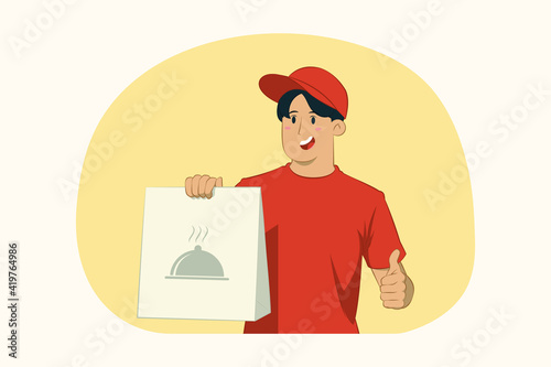 Delivery young man hold craft paper packet with food concept
