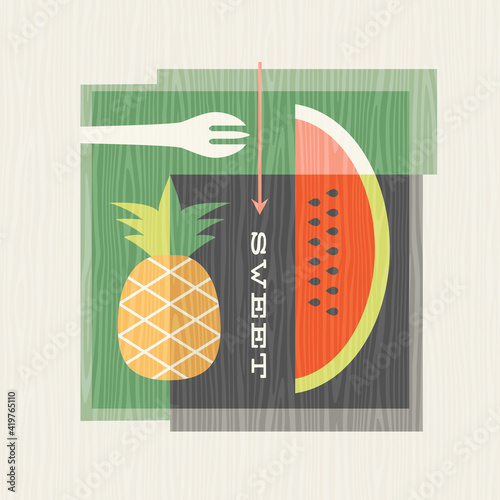 Retro illustration of healthy fruits includes watermelon and pineapple. Design for posters, menus, decor and social media. Mid century bauhaus style vector illustration.