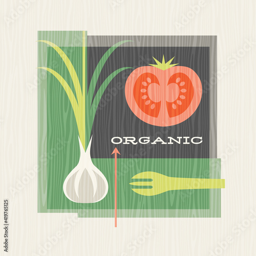Retro illustration of healthy foods includes garlic and tomato. Design for posters, menus, decor and social media. Mid century bauhaus style vector illustration.