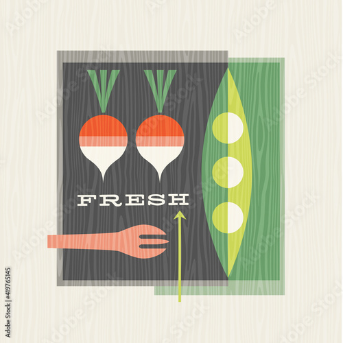 Retro illustration of vegetables including peas and radishes. Healthy eating design for posters, menus, decor and social media. Mid century bauhaus style vector illustration.