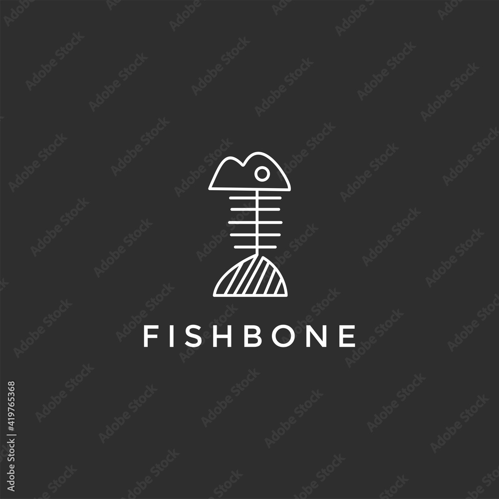Bass fish skeleton isolated on white vector illustration on black background