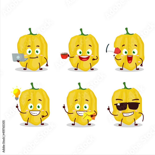 Yellow habanero cartoon character with various types of business emoticons