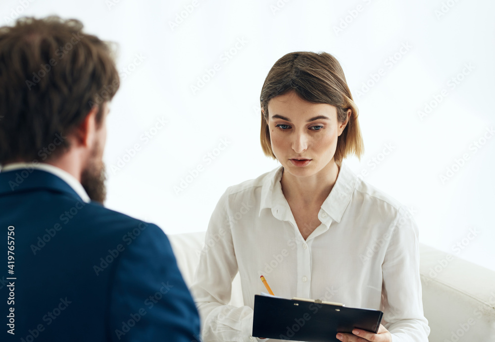 woman and man suit documents communication work woman and man suit documents communication work