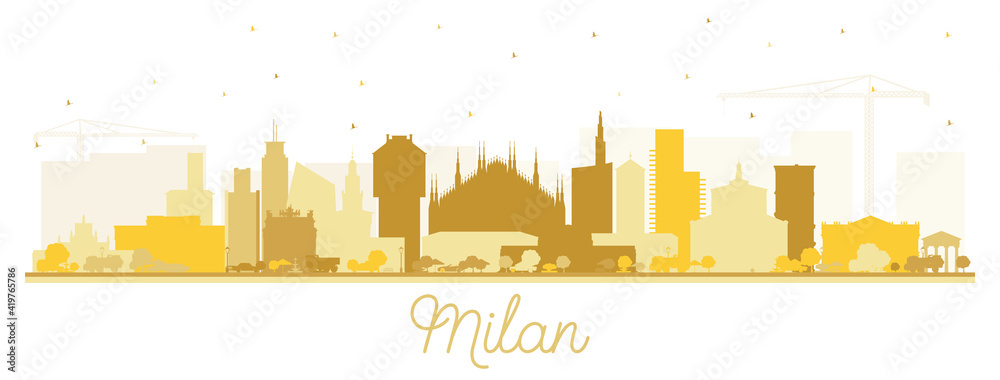 Fototapeta premium Milan Italy City Skyline Silhouette with Golden Buildings Isolated on White.