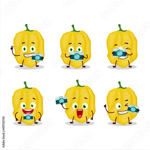 Photographer profession emoticon with yellow habanero cartoon character