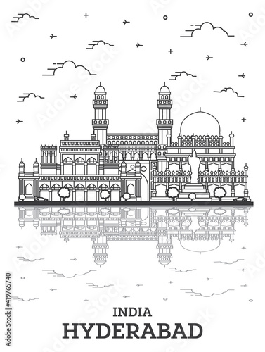 Outline Hyderabad India City Skyline with Historical Buildings and Reflections Isolated on White.