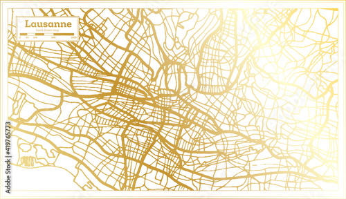 Lausanne Switzerland City Map in Retro Style in Golden Color. Outline Map.